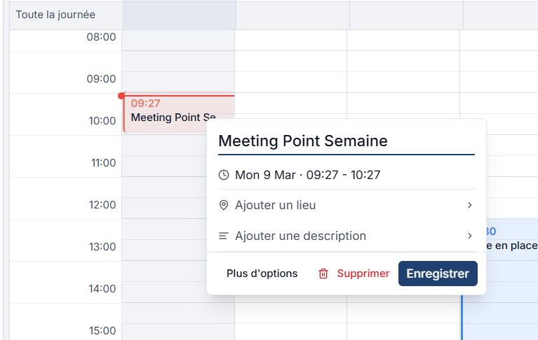 Panneau de detail d'un evenement au clic